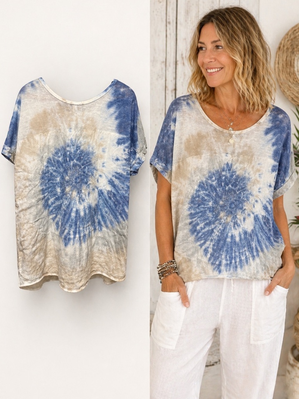 Kaktus | Blue Tie Dye Linen Top | Oversized Boho | Made in Italy | XL